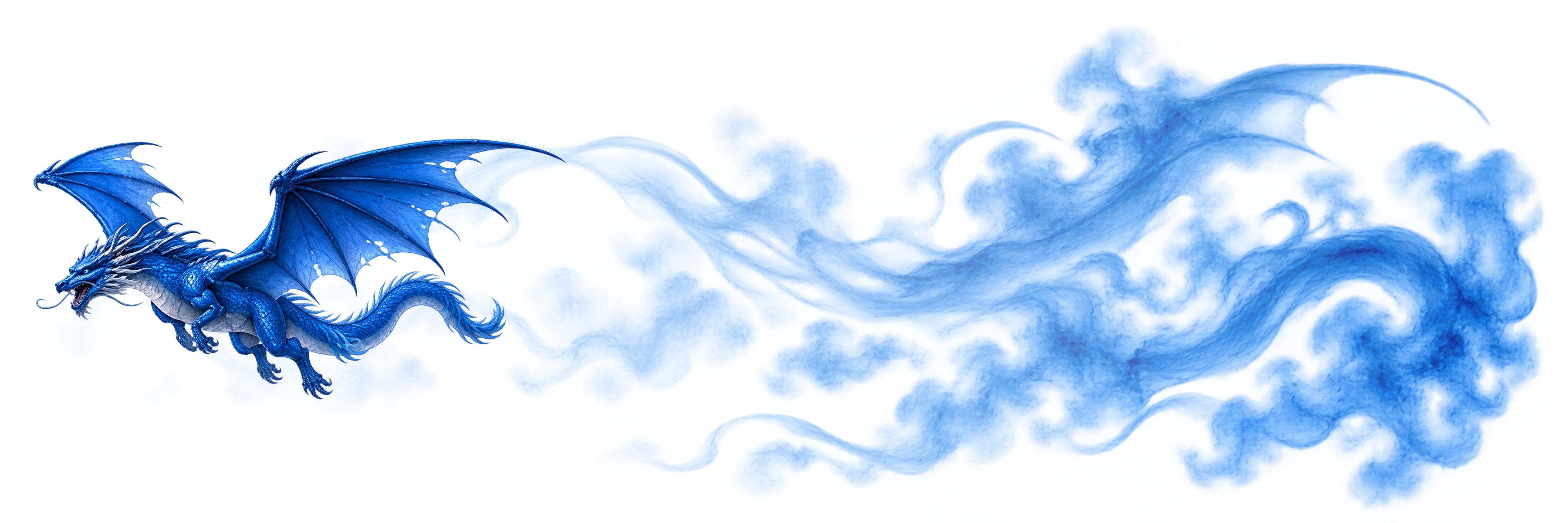 Blue dragon with wings outstretched in pale blue smoke
