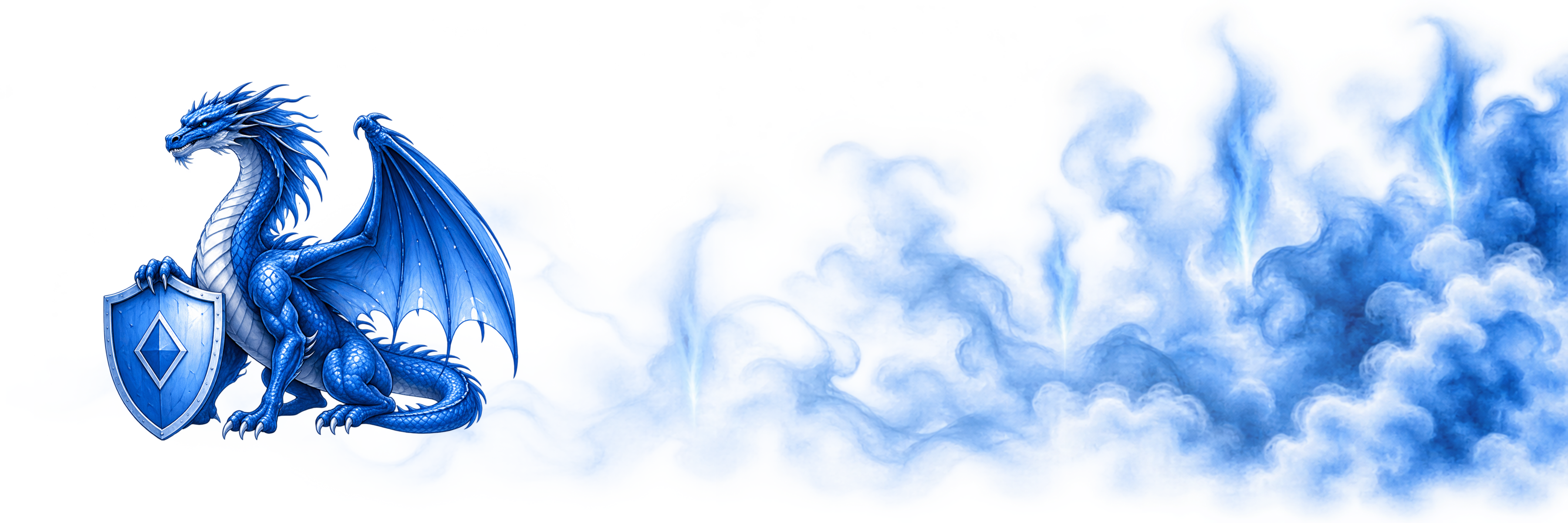 Blue dragon with a shield, surrounded by blue smoke