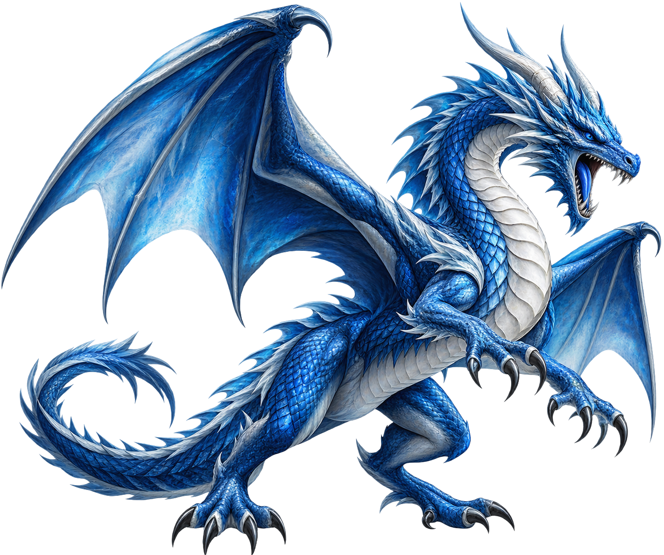 Blue and white StrategEQ dragon flying through pale watercolour clouds
